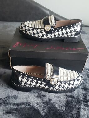Betsey Johnson Black & White Houndstooth Pearl-Embellished Loafers